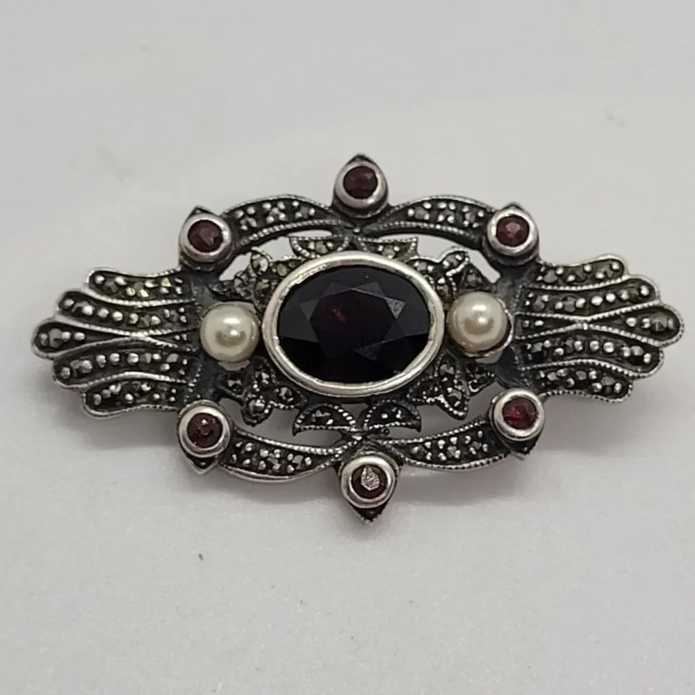 Vintage Sterling Silver Marcasite Pearl Brooch Coquette Art Deco Pin